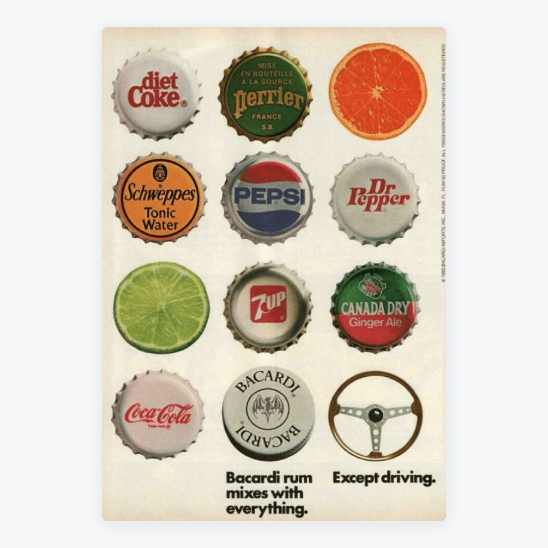 Bacardi "Mixes with Everything. Except Driving." — 1985 spirits print advertisement