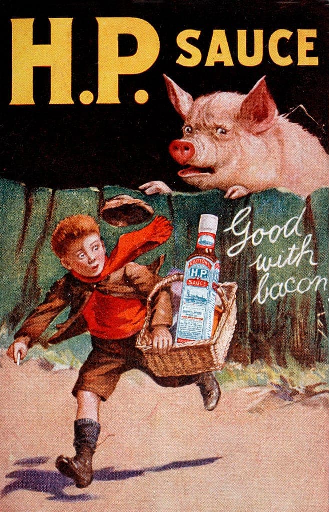 H.P. Sauce "Good with Bacon" — 1930 food print advertisement