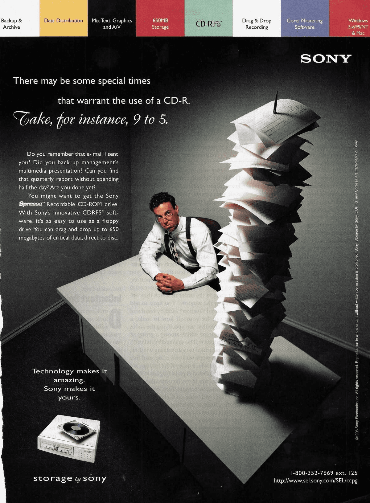 Sony "Take, for Instance, 9 to 5" — 1996 electronics print advertisement
