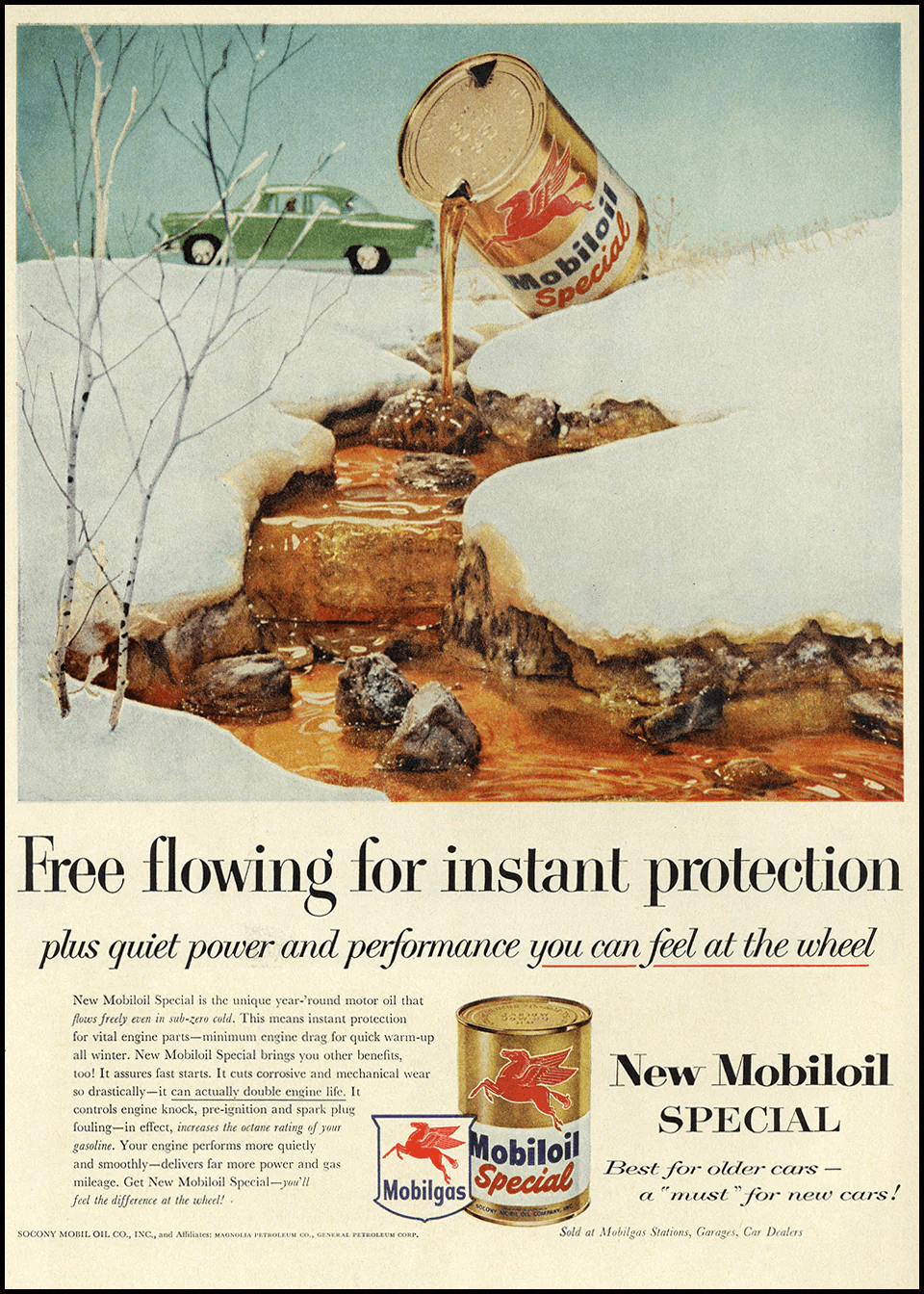 Mobiloil "Free Flowing for Instant Protection" — 1955 automotive print advertisement