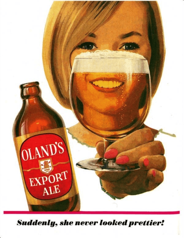 Oland's Export Ale "Suddenly, She Never Looked Prettier" — 1966 beverage print advertisement
