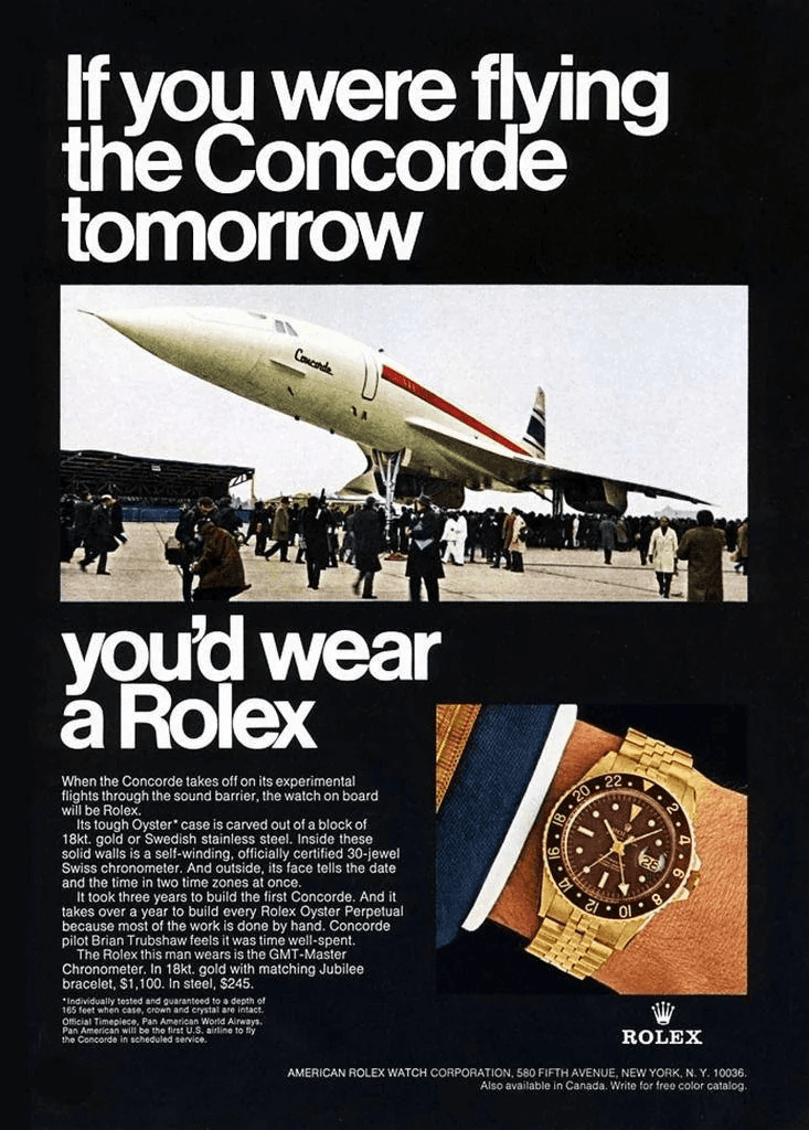 Rolex "If You Were Flying the Concorde Tomorrow" — 1969 watch print advertisement