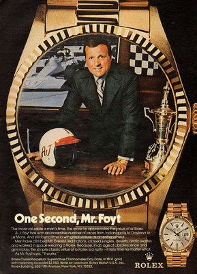 Rolex "One Second, Mr. Foyt" — 1974 watch print advertisement