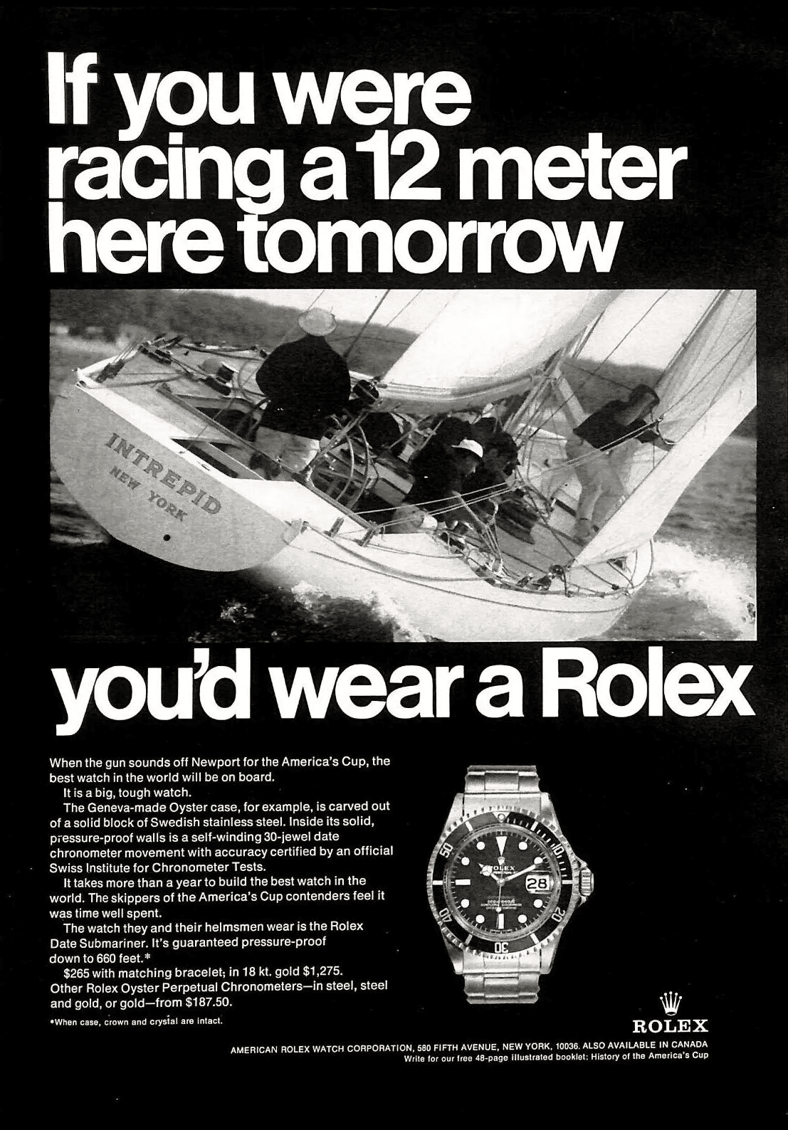 Rolex "If You Were Racing a 12 Meter Here Tomorrow" — 1970 watch print advertisement