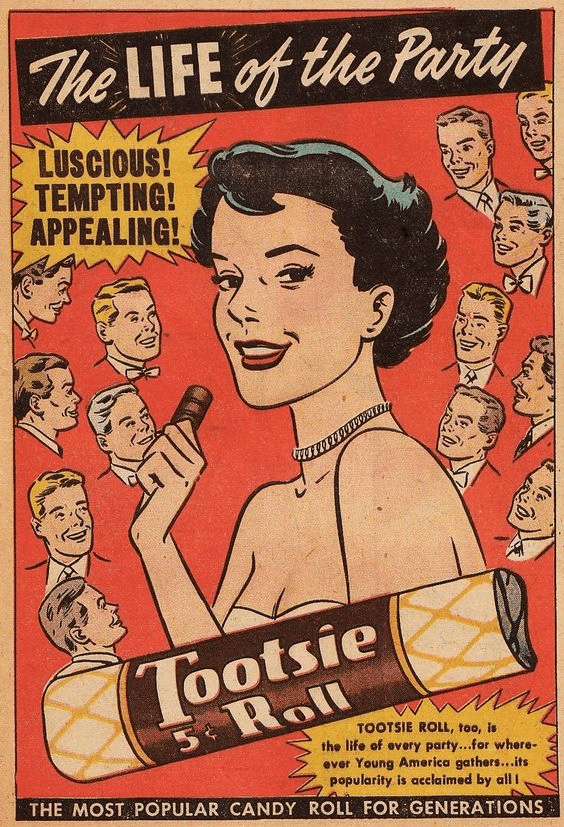 Tootsie Roll "The Life of the Party" — 1950 confectionery print advertisement