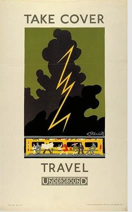 London Underground "Take Cover Travel Underground" — 1925 transit print advertisement