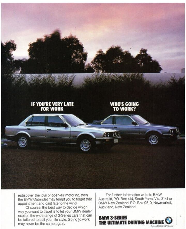 BMW "Who's Going to Work?" — 1985 automotive print advertisement
