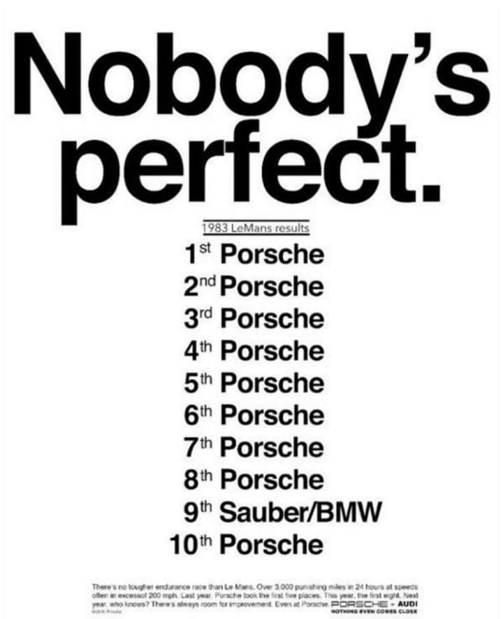 Porsche "Nobody's Perfect" — 1983 automotive print advertisement