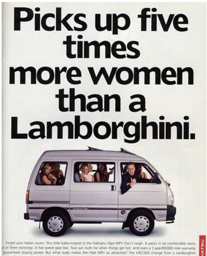 Daihatsu "Picks Up Five Times More Women" — 1996 automotive print advertisement