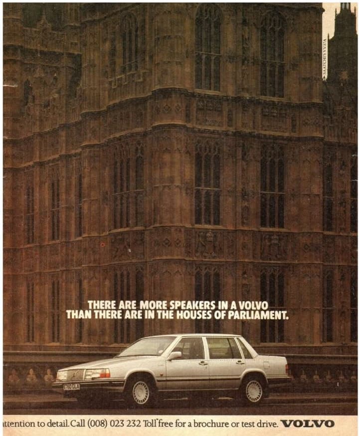 Volvo "More Speakers in a Volvo" — 1986 automotive print advertisement